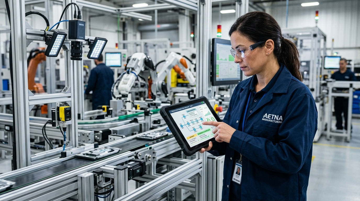 Factory manager reviewing connected workflows on a mobile tablet