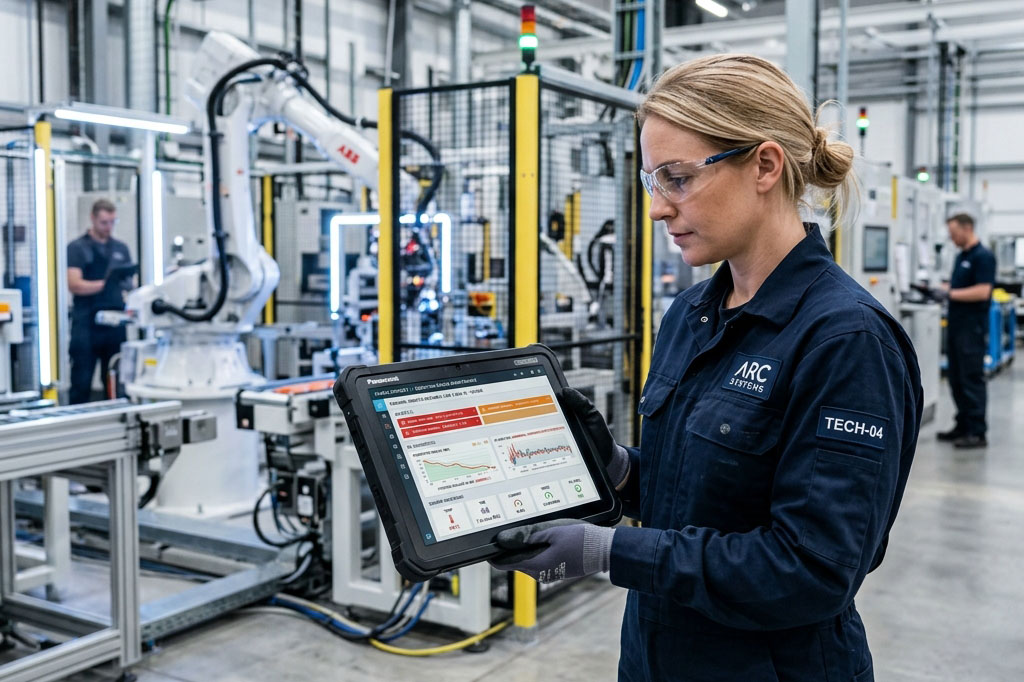 Technician inspecting machine health on a mobile tablet